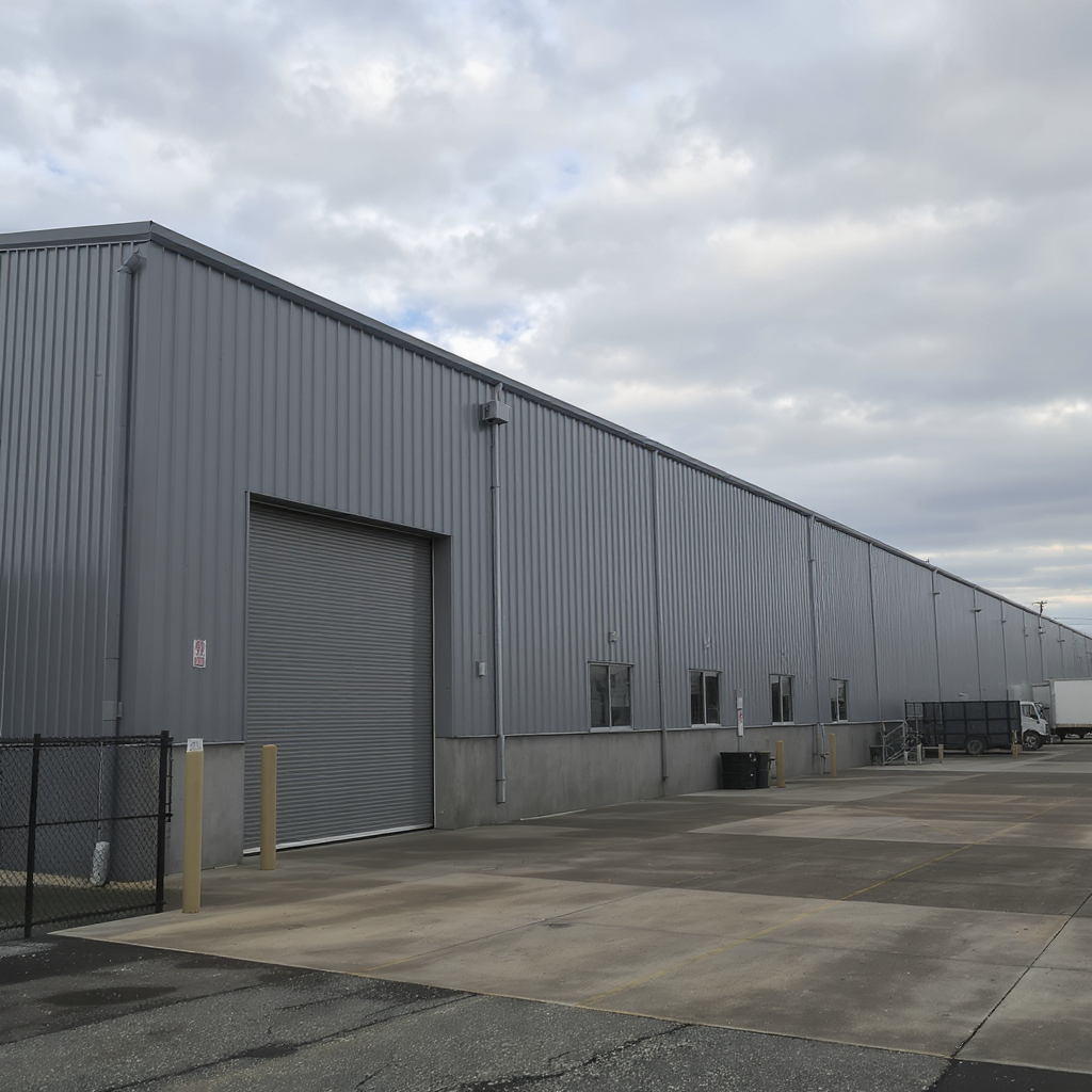 flux 1 kontext max 成一个货物仓库的外部全景图，在仓库的一角